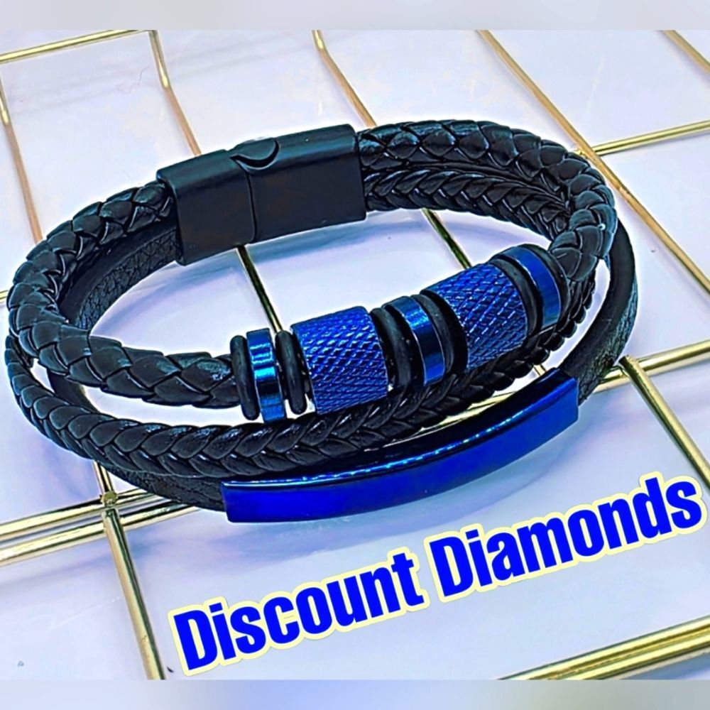 Blue Titanium Braded Black Leather Trinity Bracelet